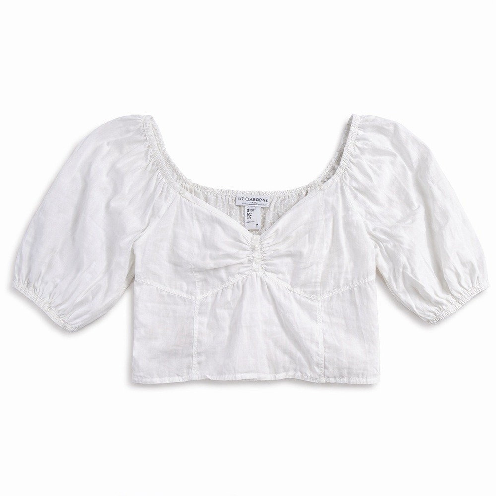 The Drop Puff Sleeve Crop Top – S White Cotton Smocked Back READ